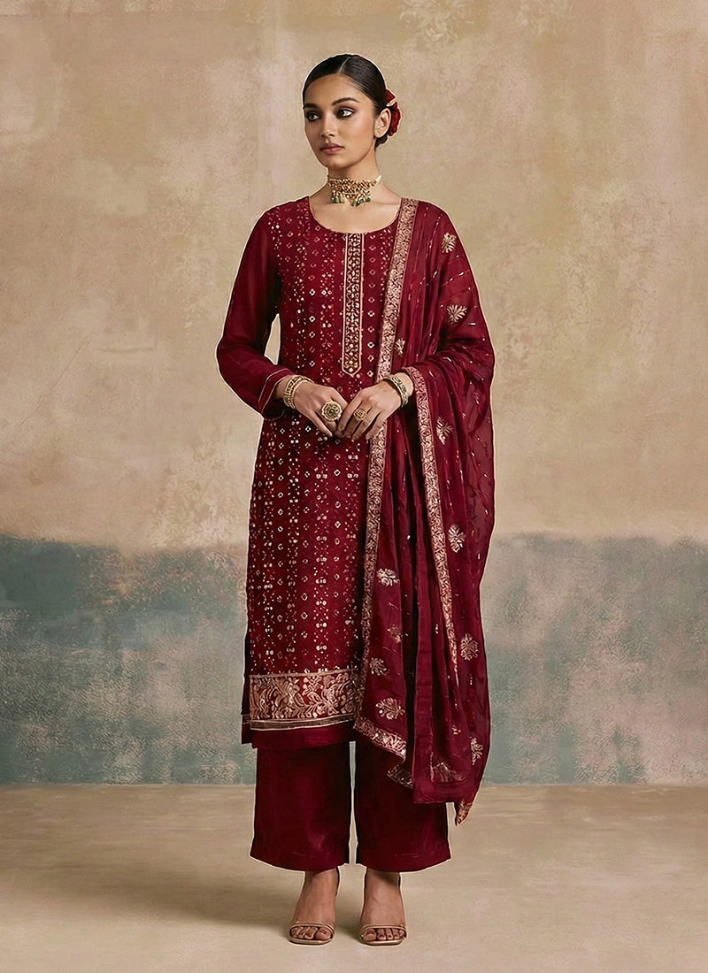 Maroon Traditional Embroidery Festive Salwar Kameez