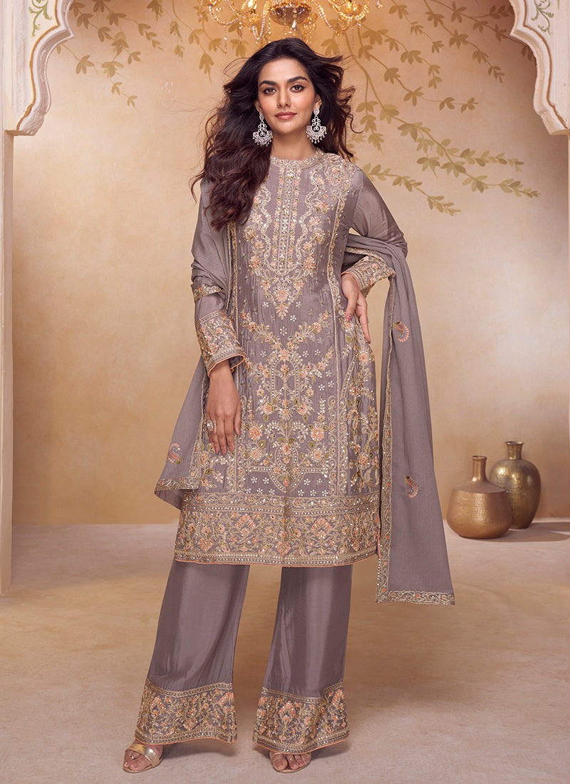 Mauve Purple Multi Embroidered Pant Style Suit