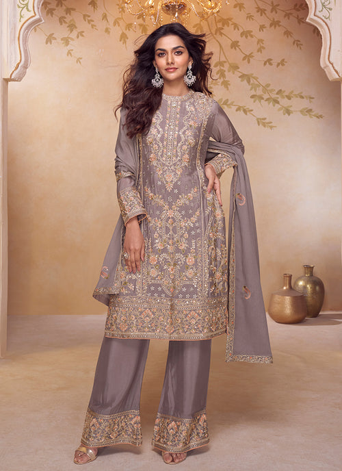 Mauve Purple Multi Embroidered Pant Style Suit