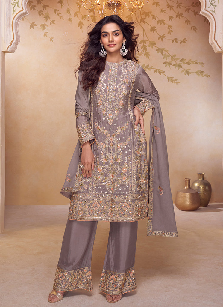 Mauve Purple Multi Embroidered Pant Style Suit