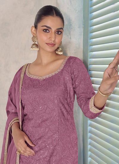 Mauve Pink Handwork Embroidered Palazzo Suit
