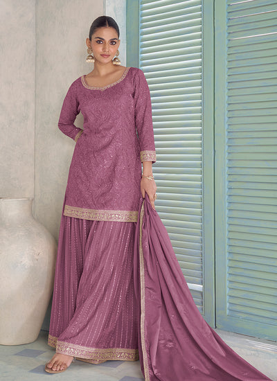 Mauve Pink Handwork Embroidered Palazzo Suit