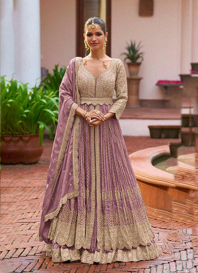 Mauve Purple Handwork Embroidery Slit Style Anarkali Lehenga