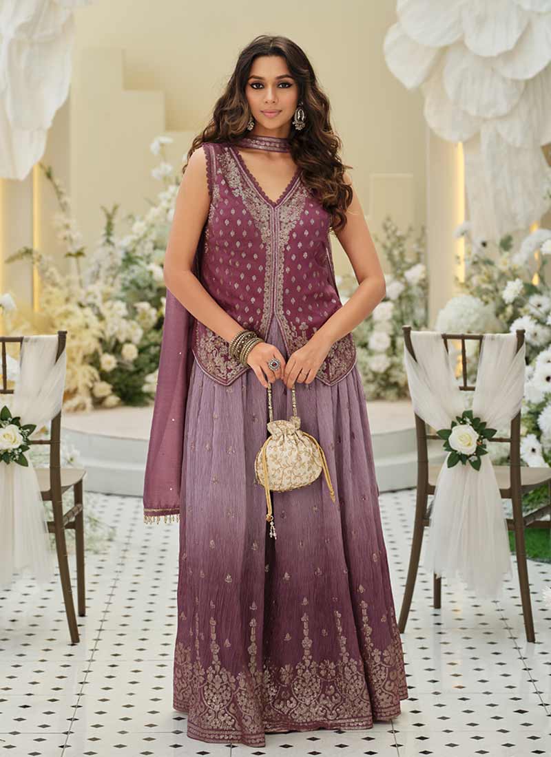 Mauve Purple Embroidered Peplum Palazzo Suit