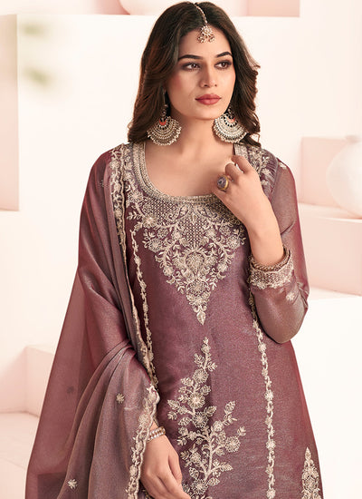 Mauve Purple Embroidery Silk Palazzo Suit