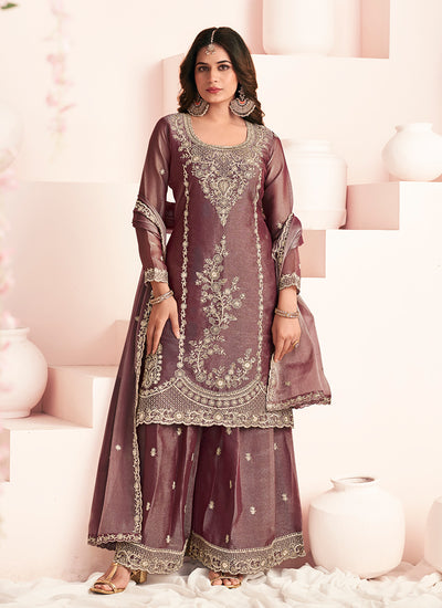 Mauve Purple Embroidery Silk Palazzo Suit