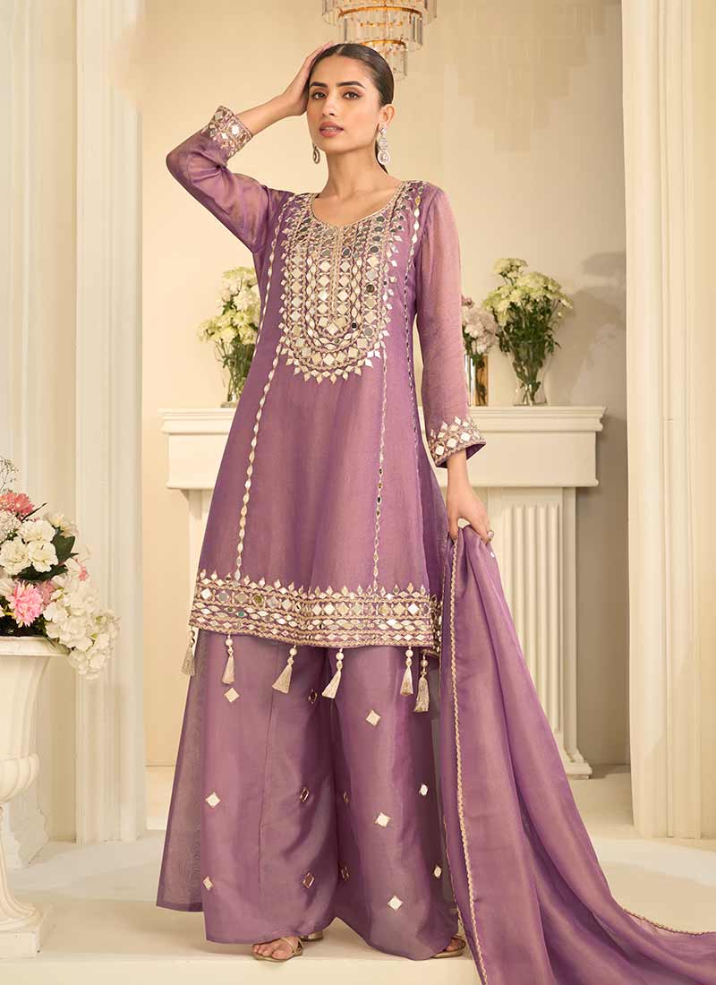 Mauve Purple Mirror Embroidery Sharara Style Suit