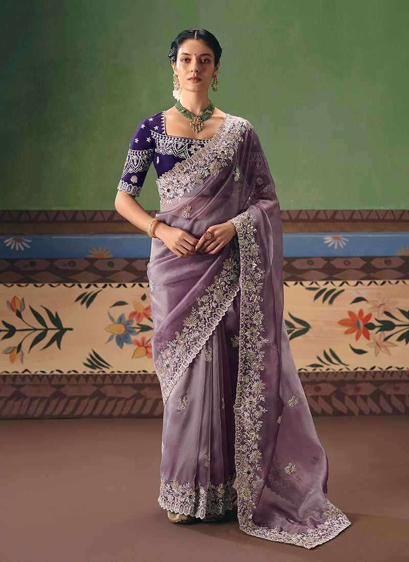 Mauve Handwork Embroidered Silk Saree