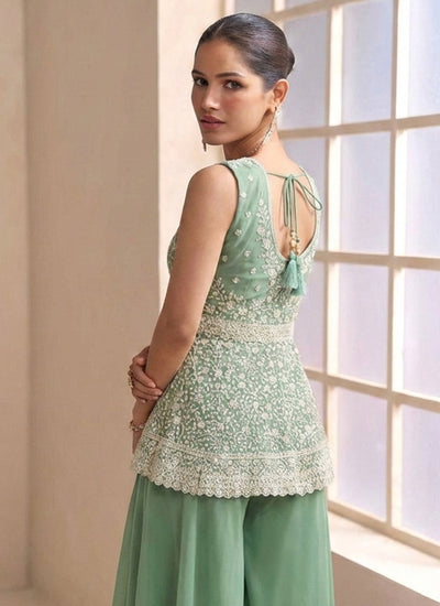 Mint Green Embroidered Designer Peplum Palazzo Suit