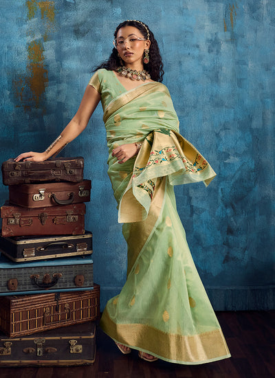 Mint Green Floral Brocade Silk Saree