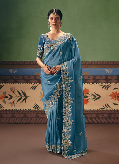 Mist Blue Handwork Embroidered Silk Saree