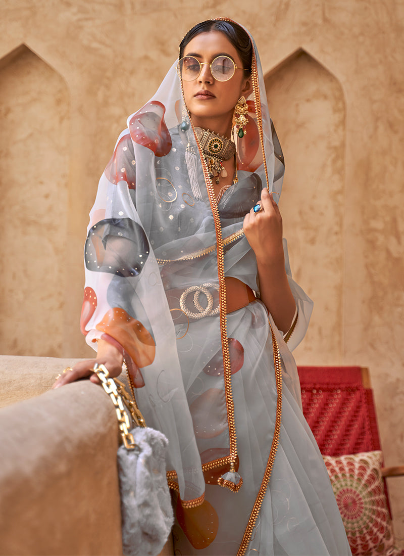 Mist Grey Printed Festive Saree