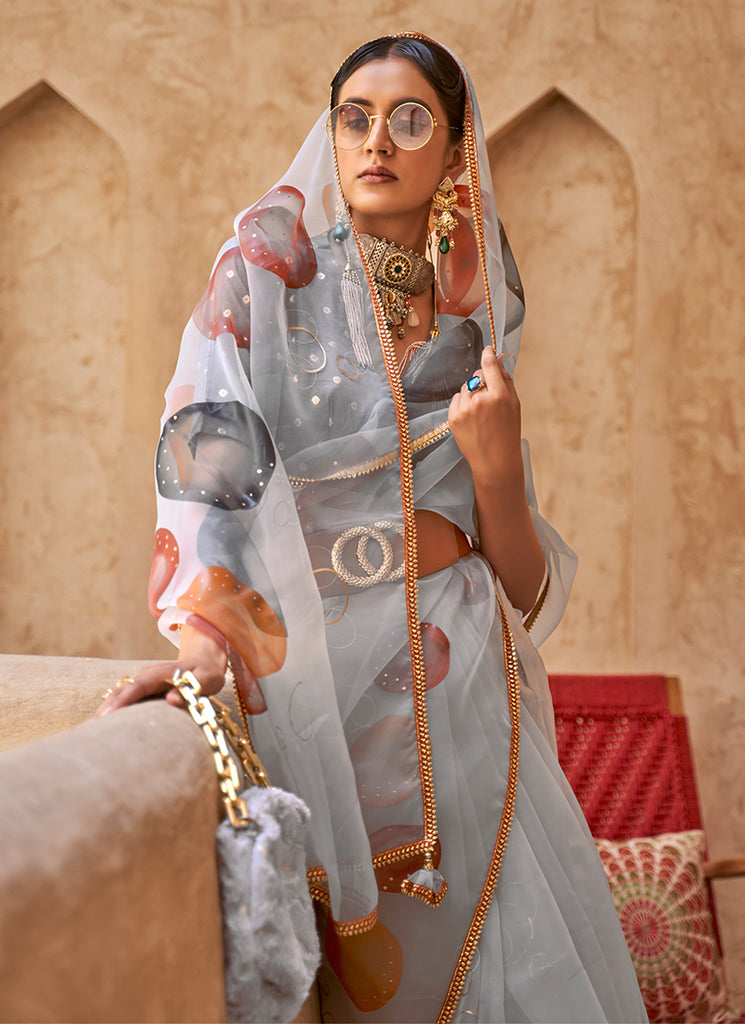 Mist Grey Printed Festive Saree