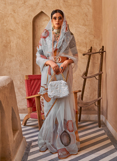 Mist Grey Printed Festive Saree