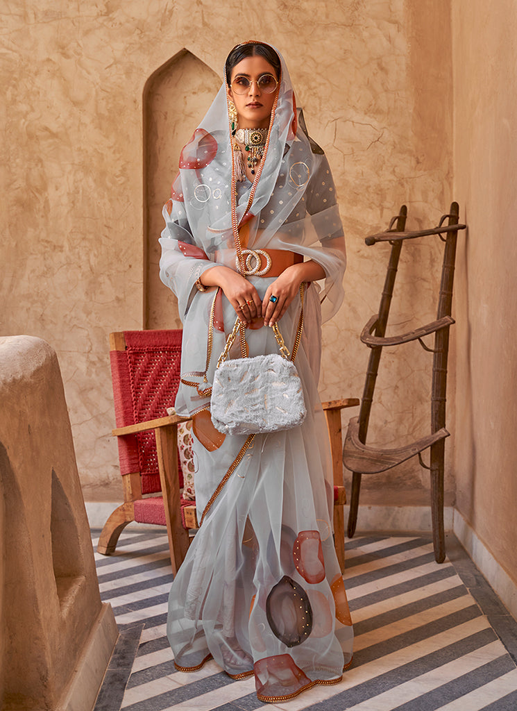 Mist Grey Printed Festive Saree
