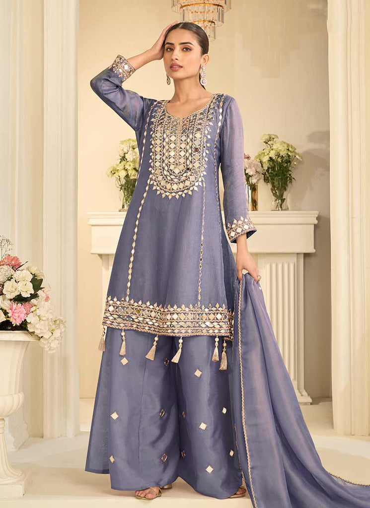Mist Purple Mirror Embroidery Sharara Style Suit