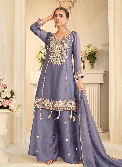 Mist Purple Mirror Embroidery Sharara Style Suit