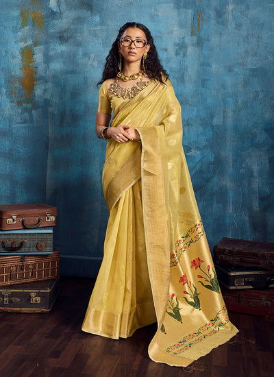 Mustard Gold Floral Brocade Silk Saree