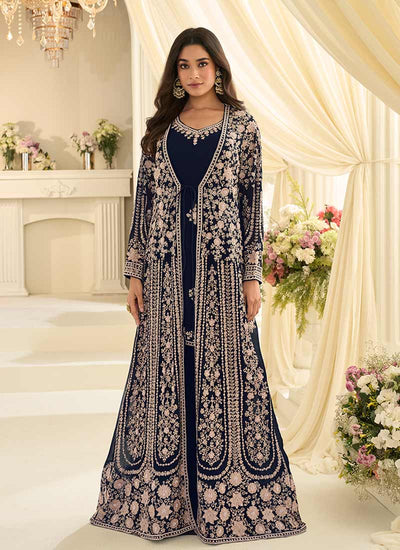 Navy Blue Traditional Embroidery Jacket Style Anarkali Gown