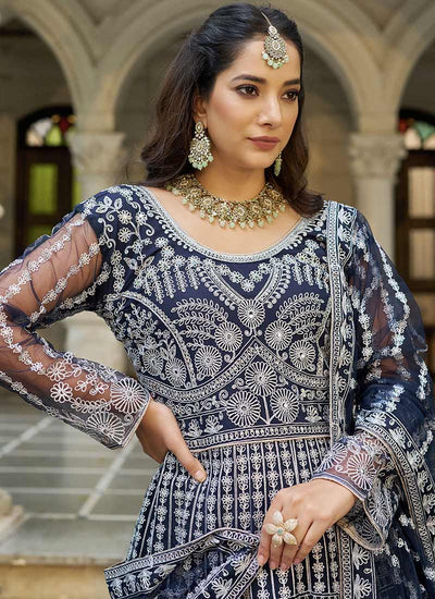 Navy Blue Embroidered Net Anarkali Gown