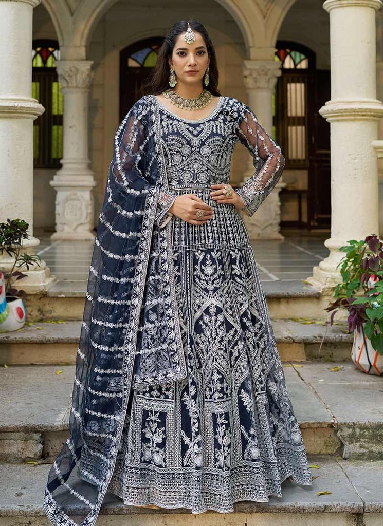 anarkali dress navy blue Women's Blue Georgette Plain Anarkali Set Blue / XL
