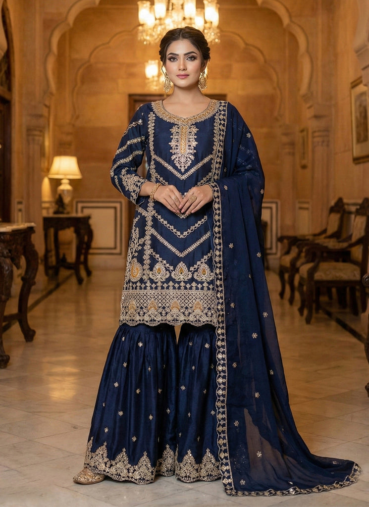 Navy Blue Traditional Embroidered Gharara Suit