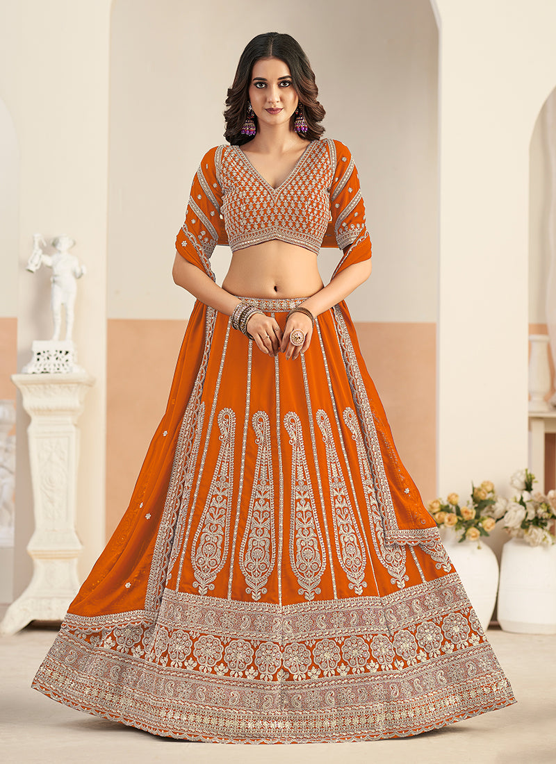 Orange Embroidery Wedding Lehenga Choli
