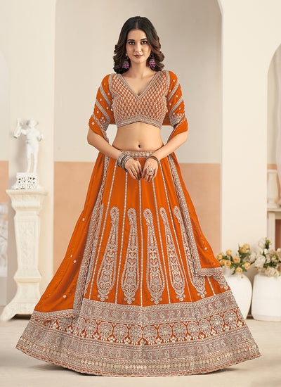 Orange Embroidery Wedding Lehenga Choli