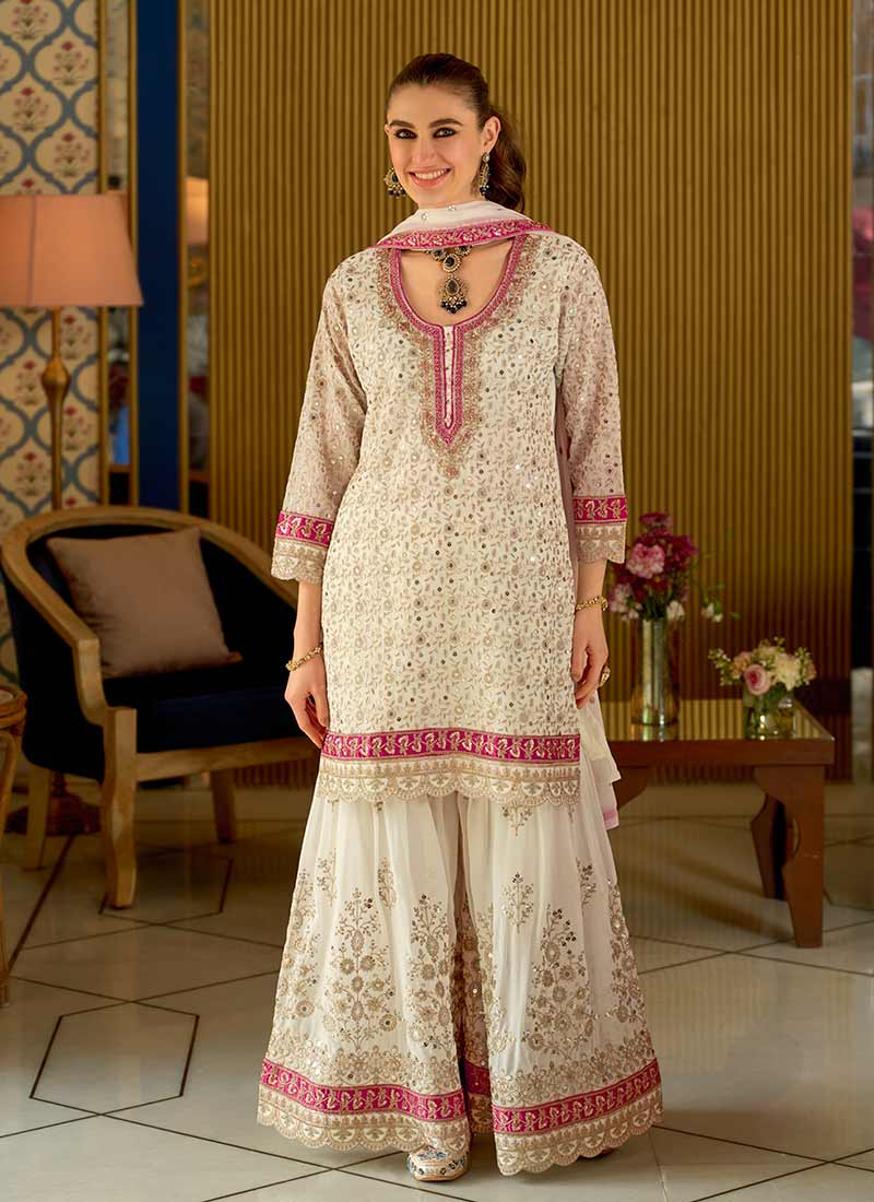 Off White Multi Embroidered Gharara Style Suit