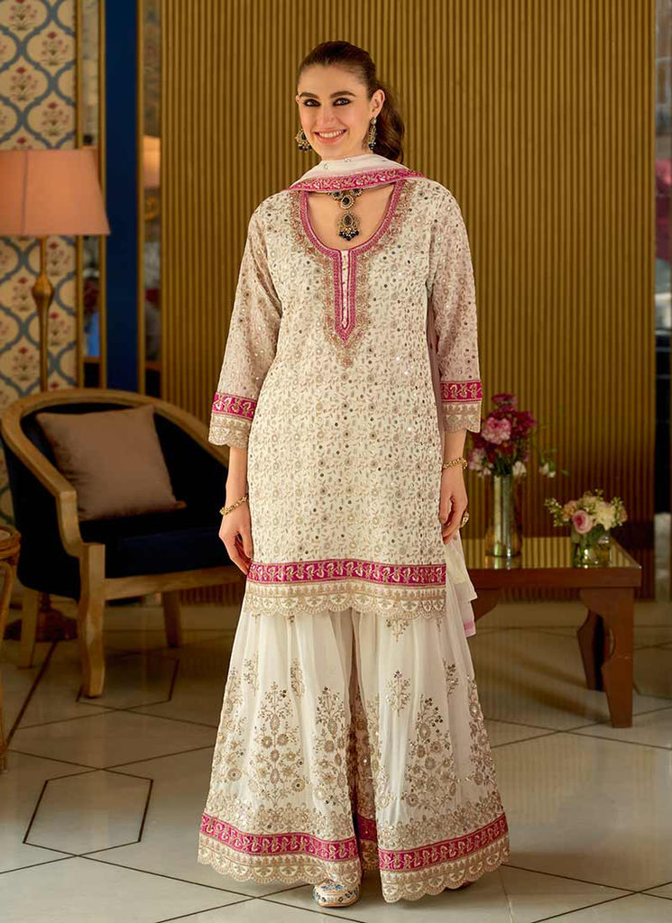 Off White Multi Embroidered Gharara Style Suit