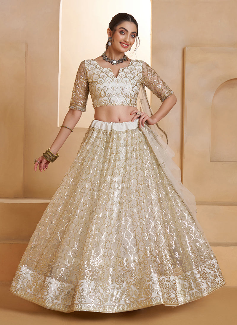 Off White Embroidered Party Wear Lehenga Choli