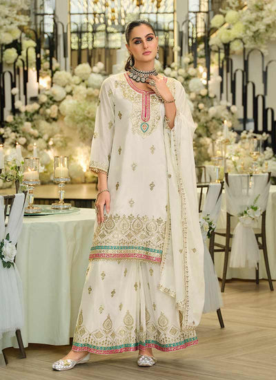 Off White Traditional Embroidery Palazzo Suit