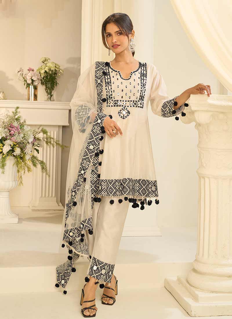 Off White Mirror Embroidery Pant Style Suit