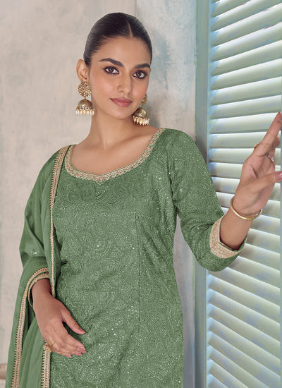 Olive Green Handwork Embroidered Palazzo Suit