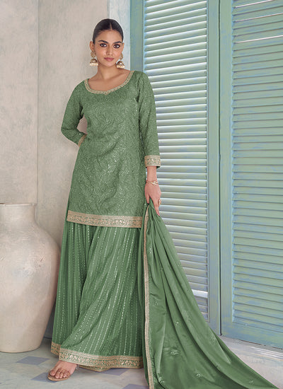 Olive Green Handwork Embroidered Palazzo Suit