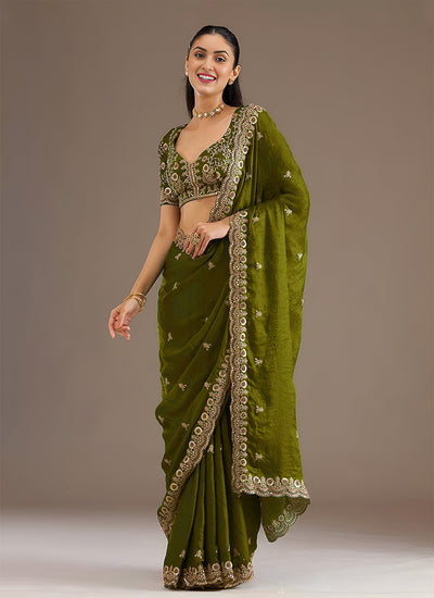 Olive Green Multi Embroidered Wedding Saree