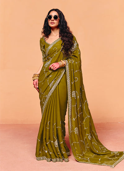 Olive Green Embroidered Bridal Saree