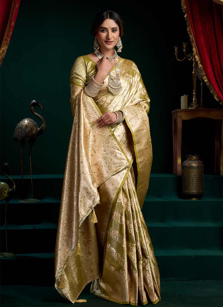 Olive Green Traditional Brocade Silk Saree