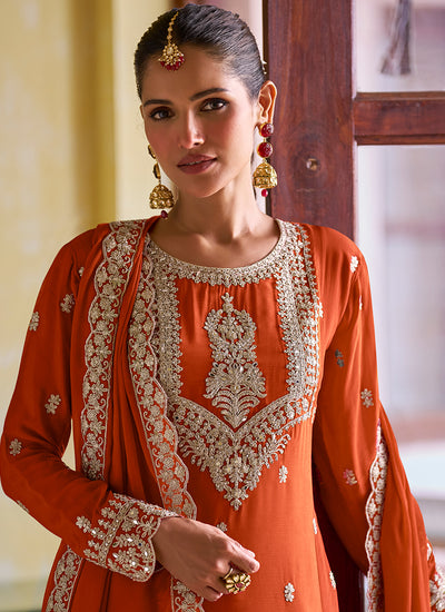 Orange Embroidered Silk Anarkali Pant Suit