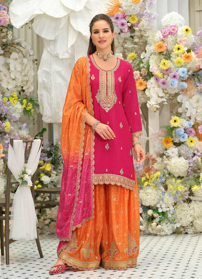 Orange and Pink Embroidered Gharara Suit