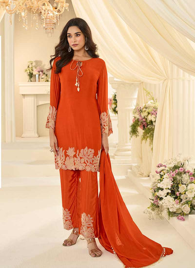 Orange Embroidered Pakistani Pant Style Suit