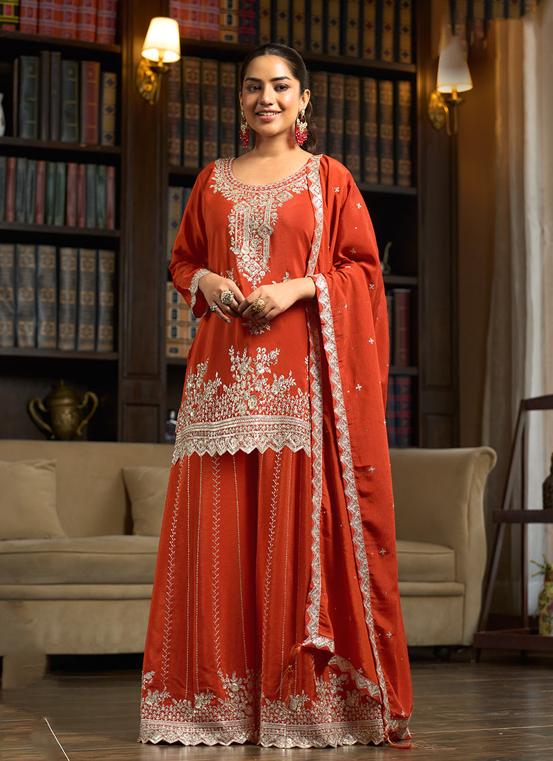 Orange Embroidered Chinnon Silk Palazzo Suit