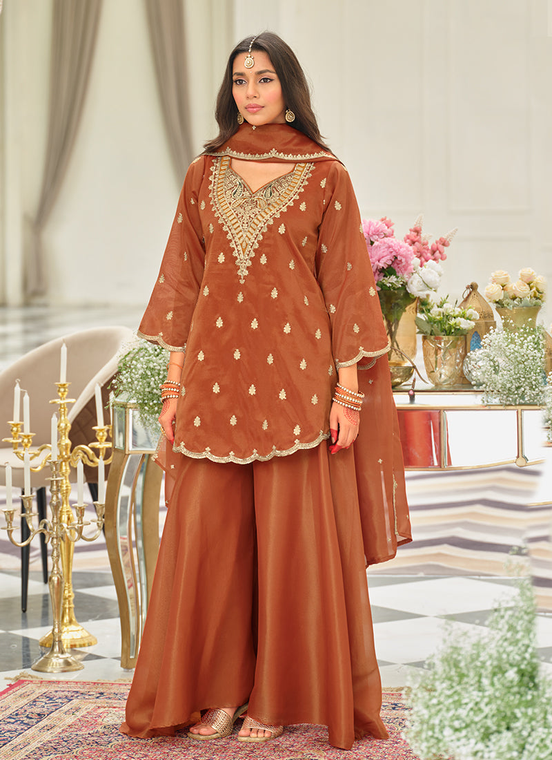 Orange Embroidery Party Wear Palazzo Suit