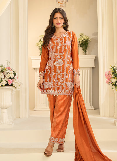 Orange Embroidery Silk Pant Style Suit