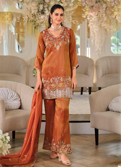 Orange Multi Embroidered Silk Pant Style Suit