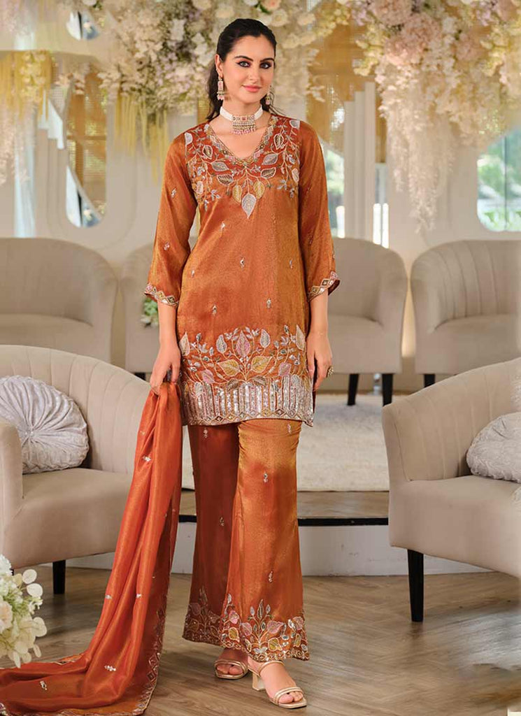 Orange Multi Embroidered Silk Pant Style Suit