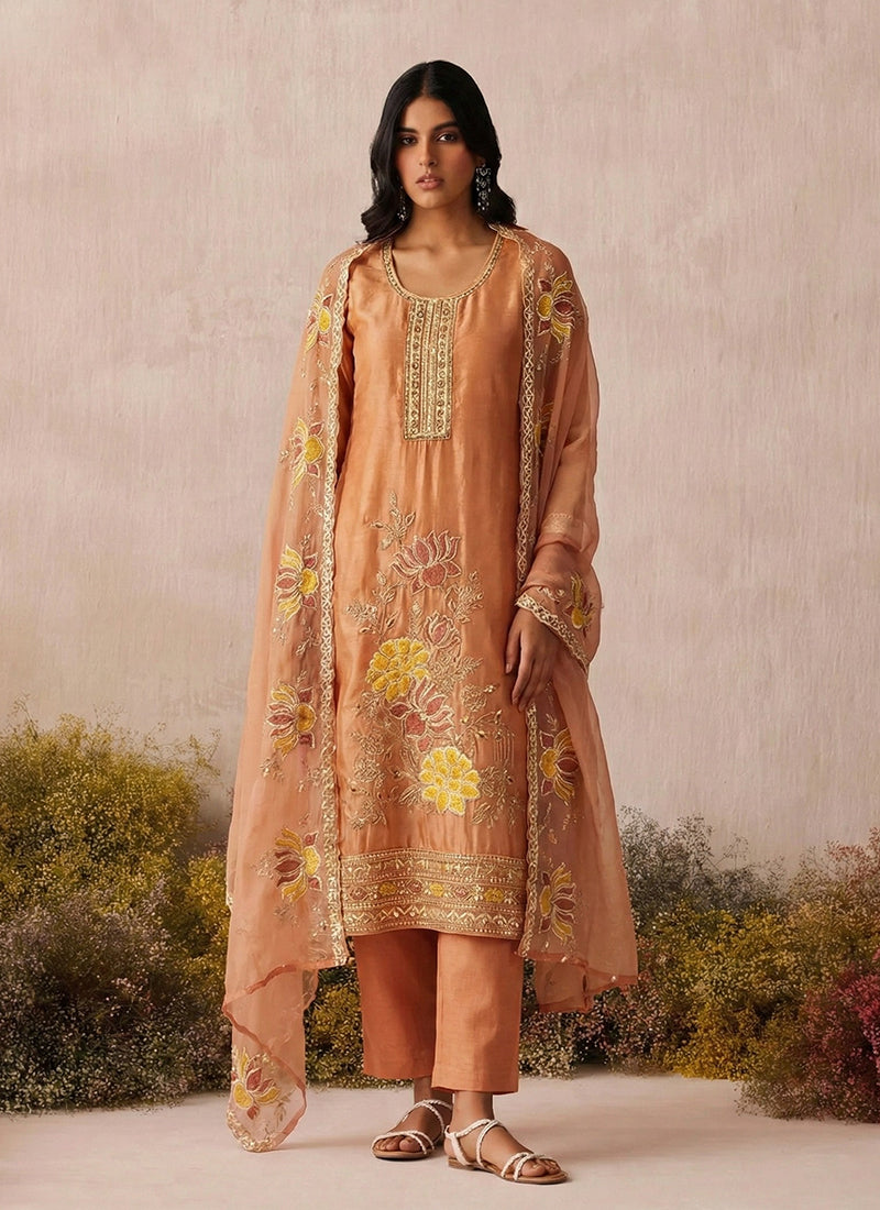 Pastel Orange Floral Embroidery Pant Style Suit