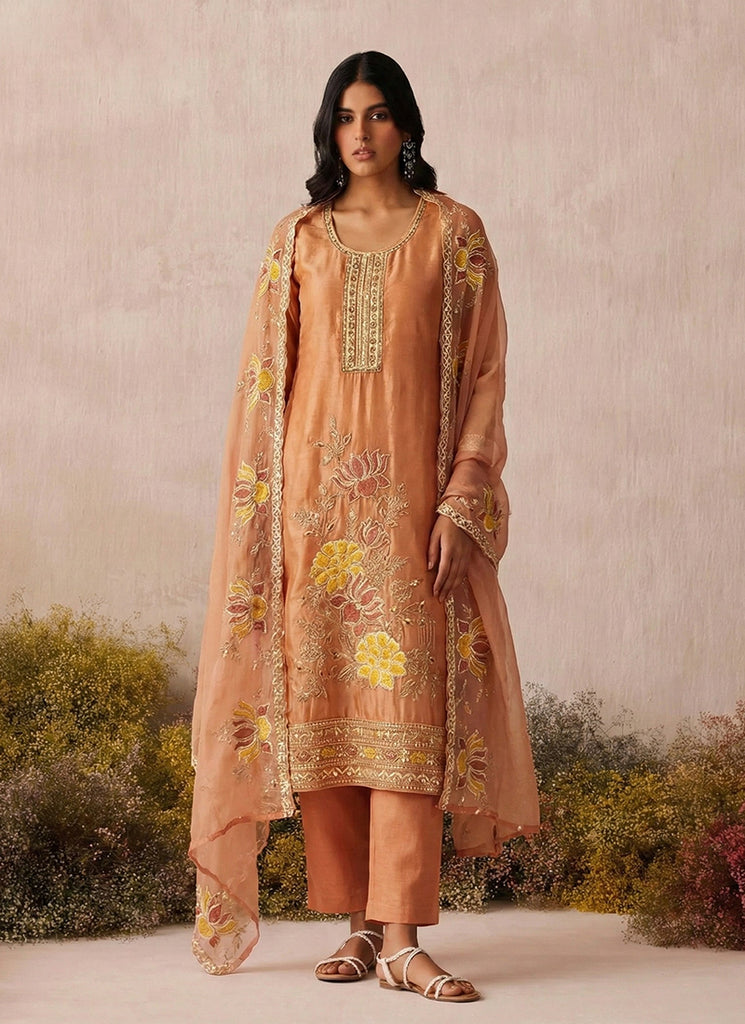 Pastel Orange Floral Embroidery Pant Style Suit