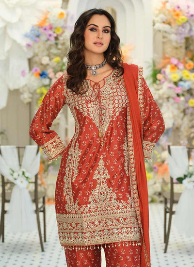 Orange Red Embroidery Printed Palazzo Suit
