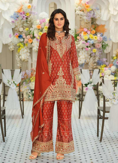 Orange Red Embroidery Printed Palazzo Suit